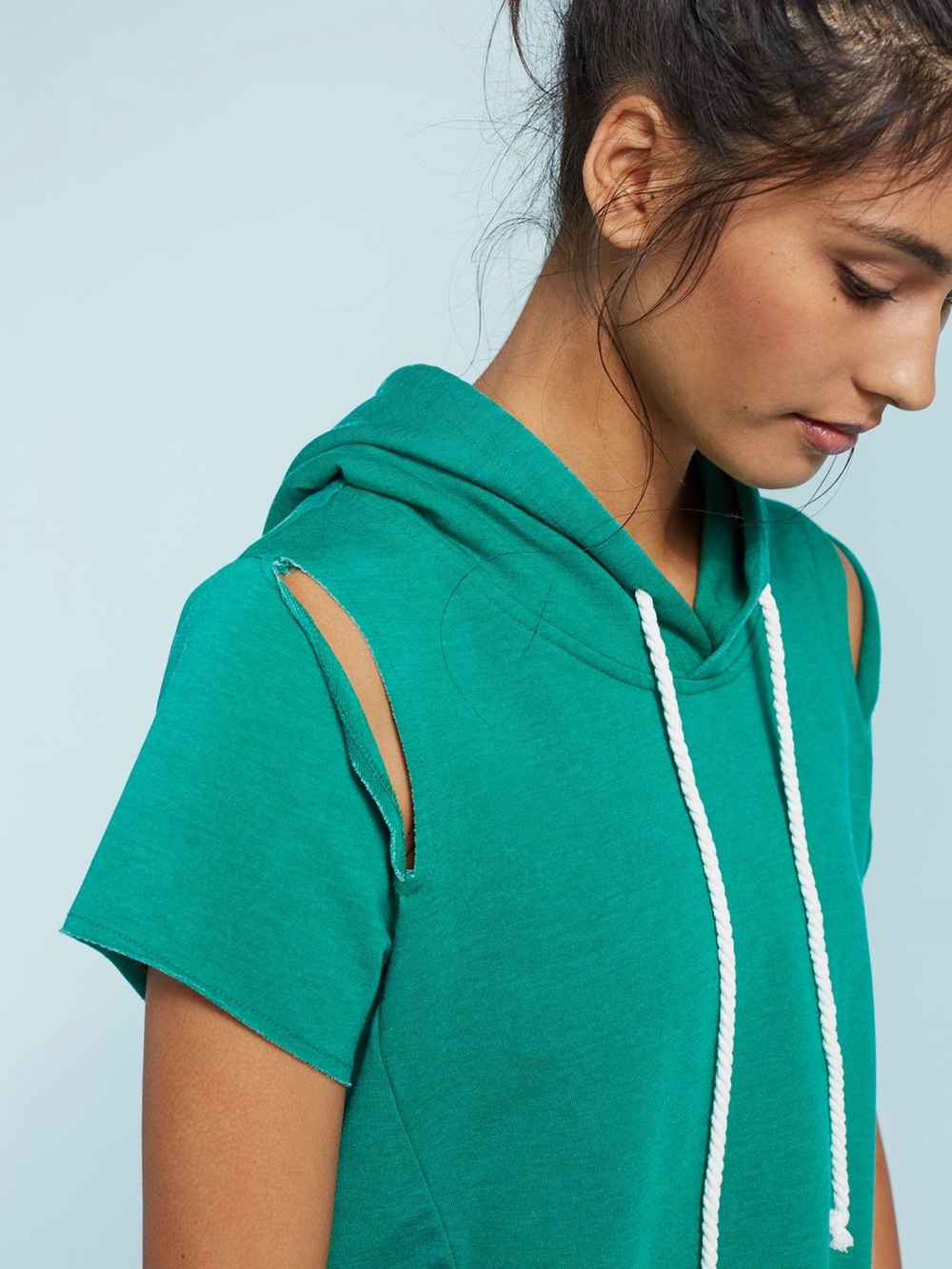 Anthropologie Teal Short-Sleeve Hoodie with Shoulder Cutouts